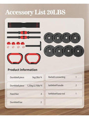 Adjustable Dumbbell Set 20LBS Free Weights Dumbbells, 4 In 1 Weight Set, Dumbbell, Barbell, Kettlebell, Push-Up, Home Gym Fitness Workout Equipment For Men Women