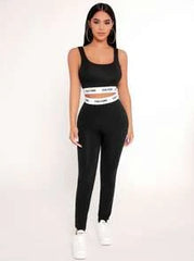 Women's Plus Size Black Knitted Sporty Crop Top And Skinny Leggings Two Piece Set