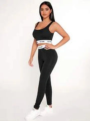 Women's Plus Size Black Knitted Sporty Crop Top And Skinny Leggings Two Piece Set