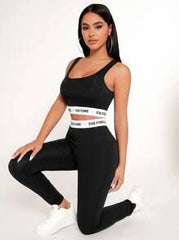 Women's Plus Size Black Knitted Sporty Crop Top And Skinny Leggings Two Piece Set