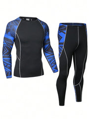 Men's Geometric Printed Long Sleeve Sports T-Shirt And Sport Pants Set For Running, Basketball, Cycling, Etc. Compression Tight Fitness T-Shirt And Elastic Quick Dry Sportswear Outfits Gym Clothes Men, Athletic Suit, Tracksuit