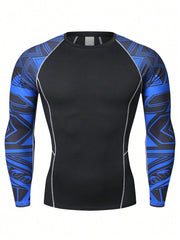 Men's Geometric Printed Long Sleeve Sports T-Shirt And Sport Pants Set For Running, Basketball, Cycling, Etc. Compression Tight Fitness T-Shirt And Elastic Quick Dry Sportswear Outfits Gym Clothes Men, Athletic Suit, Tracksuit