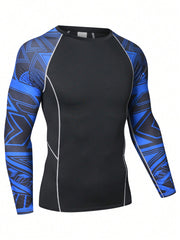 Men's Geometric Printed Long Sleeve Sports T-Shirt And Sport Pants Set For Running, Basketball, Cycling, Etc. Compression Tight Fitness T-Shirt And Elastic Quick Dry Sportswear Outfits Gym Clothes Men, Athletic Suit, Tracksuit