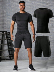 Men's Sports Compression Set, Quick Dry Fitness Short Sleeve T-Shirt + Shorts, Running Training Gym Wear Gym Clothes Men, Athletic Suit, Tracksuit Men Shorts Set Workout Sets