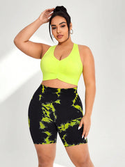 Sport Studio Plus Size Women's Tie Dye Shorts Bra Tracksuit Yellow Shorts