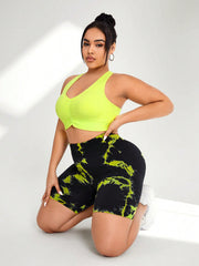 Sport Studio Plus Size Women's Tie Dye Shorts Bra Tracksuit Yellow Shorts