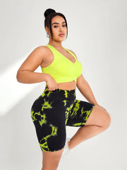 Sport Studio Plus Size Women's Tie Dye Shorts Bra Tracksuit Yellow Shorts