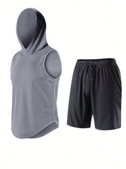 Men's Sport Tank Top Set 2pcs/Set , Outdoor Fitness Clothes, Running Hooded Vest, Athletic Suit, Tracksuit Men Shorts Set Men Shorts Set