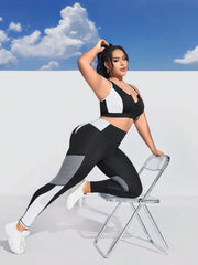 Yoga Basic Plus Size Women's Sportswear Set: Zipper Closure Color Block Vest And Leggings