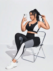 Yoga Basic Plus Size Women's Sportswear Set: Zipper Closure Color Block Vest And Leggings