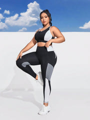 Yoga Basic Plus Size Women's Sportswear Set: Zipper Closure Color Block Vest And Leggings