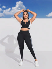 Yoga Basic Plus Size Women's Sportswear Set: Zipper Closure Color Block Vest And Leggings