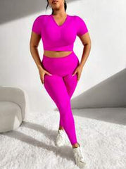 Yoga Basic Plus Size Women's Seamless Solid Color Short Sleeve And Long Pants Athletic Tracksuit