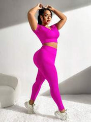 Yoga Basic Plus Size Women's Seamless Solid Color Short Sleeve And Long Pants Athletic Tracksuit