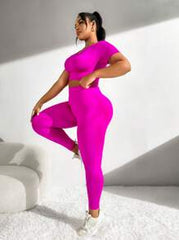 Yoga Basic Plus Size Women's Seamless Solid Color Short Sleeve And Long Pants Athletic Tracksuit