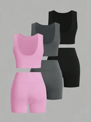 Women's Sports Set, 3pcs, Including A Round-Neck Vest And Shorts