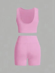 Women's Sports Set, 3pcs, Including A Round-Neck Vest And Shorts