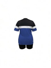 Plus Summer Women Sports Suit Fashionable Color Block Round Neck Short-Sleeve T-Shirt And Drawstring Shorts Two-Piece Se