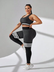 Sport Seamluxe Women Plus Size Sports Suit, Striped Sports Bra And Long Pants Set, Yoga Fitness High Elasticity Comfortable