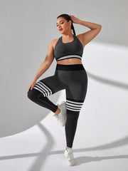 Sport Seamluxe Women Plus Size Sports Suit, Striped Sports Bra And Long Pants Set, Yoga Fitness High Elasticity Comfortable