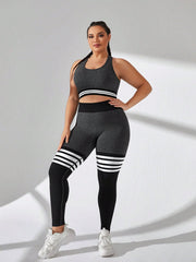 Sport Seamluxe Women Plus Size Sports Suit, Striped Sports Bra And Long Pants Set, Yoga Fitness High Elasticity Comfortable