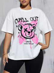 Plus Size Women's Summer Casual Loose Printed T-Shirt And Motorcycle Shorts Set