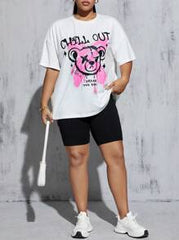 Plus Size Women's Summer Casual Loose Printed T-Shirt And Motorcycle Shorts Set