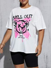 Plus Size Women's Summer Casual Loose Printed T-Shirt And Motorcycle Shorts Set