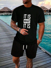 Men Regular Fit Short Sleeve T-Shirt And Shorts Set, Personality Printed Pattern, Fashionable And Casual Outfit, Pocket Sports Elastic Drawstring Shorts, Summer