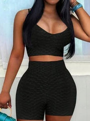 Summer Casual Sports V-Neck Tight Cropped Camisole Top & High-Waisted Shorts Set