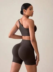 Summer Solid Color One Shoulder Ultra Short Top With High Waisted Shorts, Slim Fit Sports Set