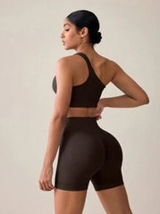 Summer Solid Color One Shoulder Ultra Short Top With High Waisted Shorts, Slim Fit Sports Set