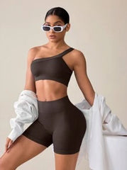 Summer Solid Color One Shoulder Ultra Short Top With High Waisted Shorts, Slim Fit Sports Set