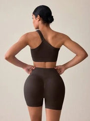 Summer Solid Color One Shoulder Ultra Short Top With High Waisted Shorts, Slim Fit Sports Set