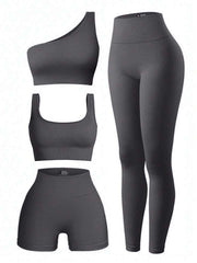 Yoga Basic Women Fluorescent Green Monochrome One-Shoulder Sleeveless Top Square Neck Vest Short Leggings And Long Leggings Sports Suit