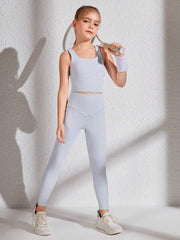 Tween Girl Sports Bra And Leggings Set, Ideal For Yoga, Stretchy, Comfortable, Breathable, Moisture-Wicking, Fashionable, Simple And Suitable For Training, Running, And Cycling