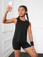 Tween Girl Split Back Solid Active Tank Top & Biker Shorts