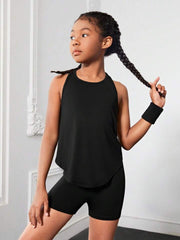 Tween Girl Split Back Solid Active Tank Top & Biker Shorts