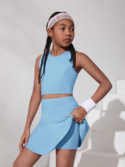 Tween Girls' Knitted Solid Color Tank Top And Anti-Lighting Underwear Skirt Sports Set