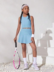 Tween Girls' Knitted Solid Color Tank Top And Anti-Lighting Underwear Skirt Sports Set