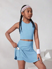 Tween Girls' Knitted Solid Color Tank Top And Anti-Lighting Underwear Skirt Sports Set