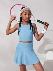 Tween Girls' Knitted Solid Color Tank Top And Anti-Lighting Underwear Skirt Sports Set