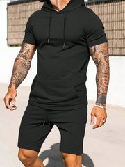 Manfinity Homme Men Casual Simple Sports Solid Color Drawstring Hooded T-Shirt And Shorts Two-Piece Set