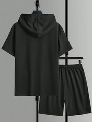 Manfinity Homme Men Casual Simple Sports Solid Color Drawstring Hooded T-Shirt And Shorts Two-Piece Set